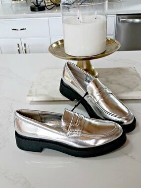 NEW! ZARA SILVER METALLIC BLACK SOLE LOAFER